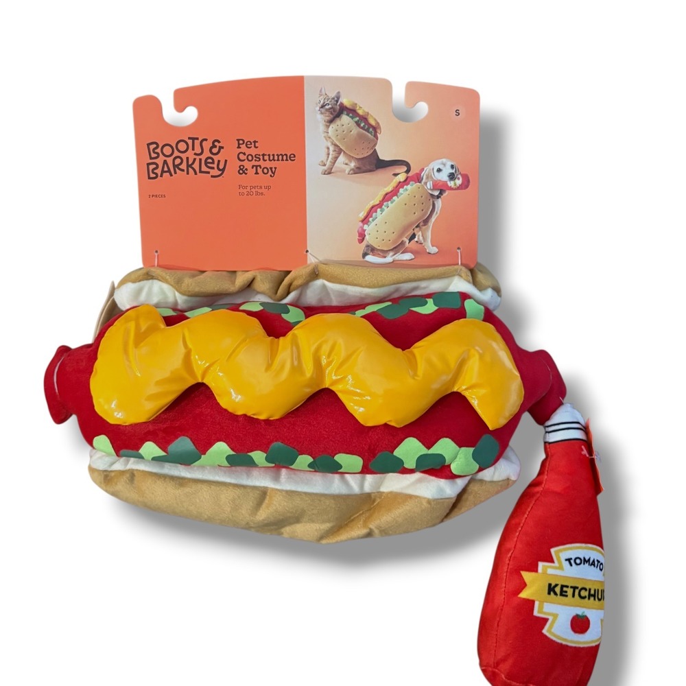 Boots & Barkley Hot Dog Pet Costume and Ketchup Toy Set Small Dogs Cats NEW